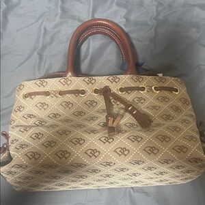 Dooney & Bourke Tan and Brown Monogram Satchel Tassel Tote